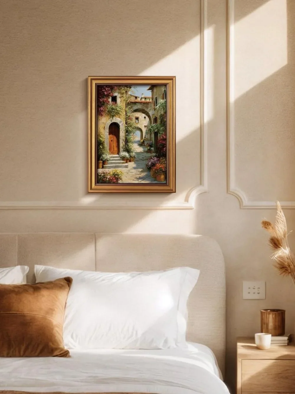 Gold Framed Mediterranean Village Canvas Art - 16x12 Inch Tuscan Landscape Decor